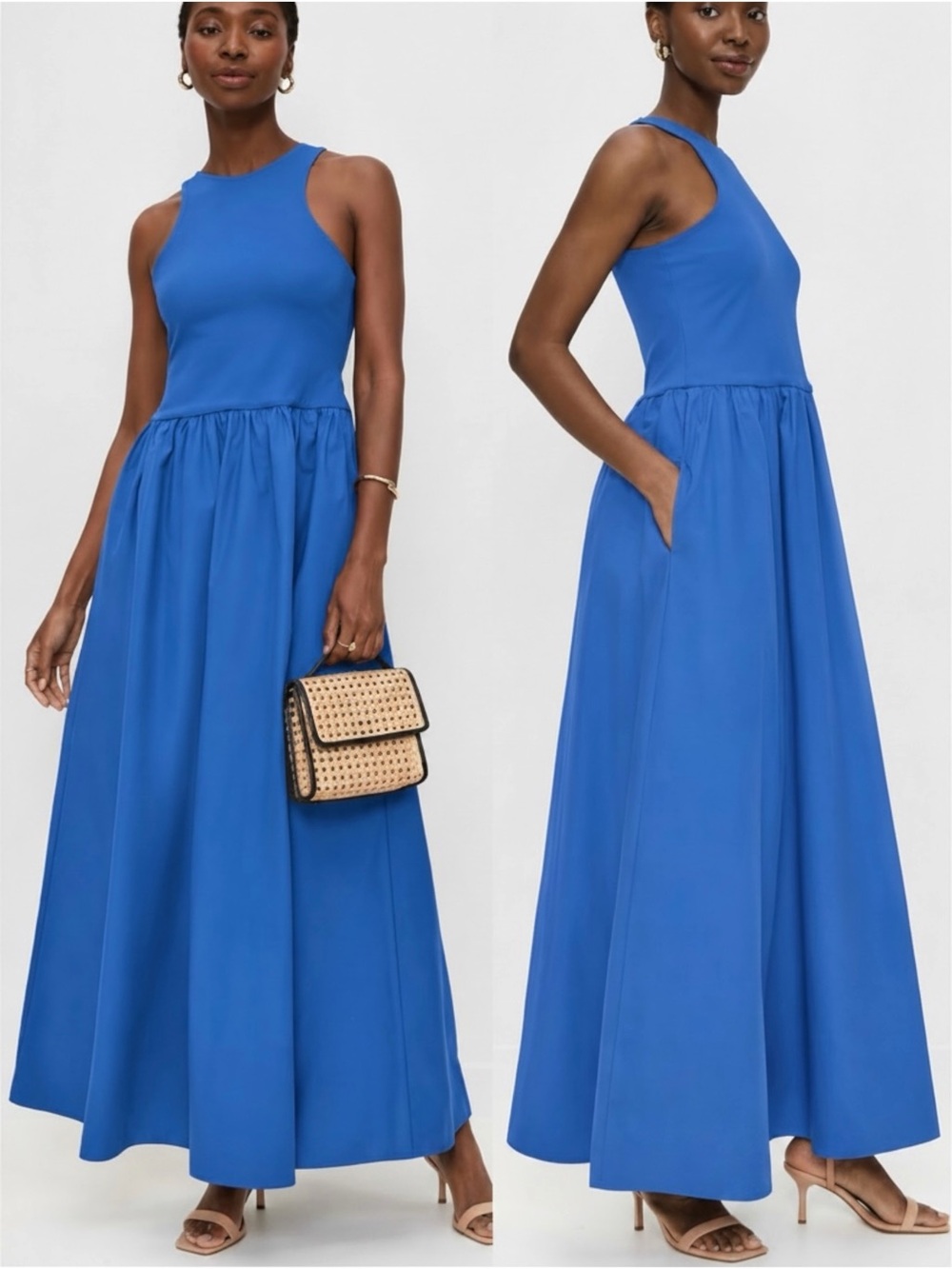 SUSANA MONACO  Women’s Blue Knit Poplin Racer Back Maxi Dress With Pockets Large